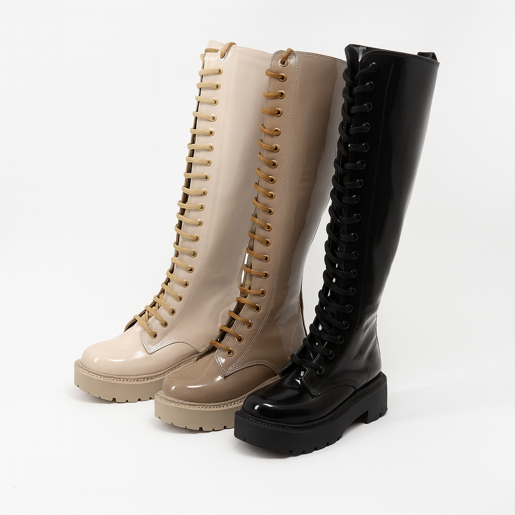 حذاء نسائي بكعب عالٍ يصل إلى الركبة من الجلد اللامع برباط 38550