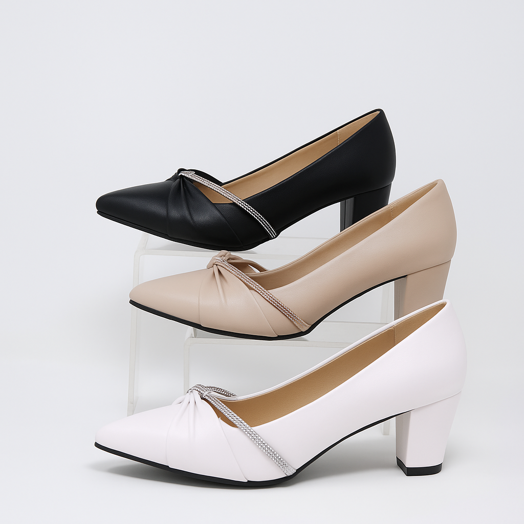 حذاء بكعب سميك للنساء مع فيونكة مزخرفة وحزام من أحجار الراين 11950