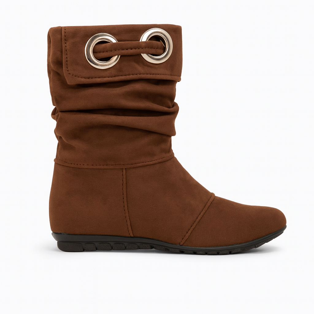 حذاء بني من الجلد المدبوغ ذو نعل مسطح وتفاصيل حلقة معدنية 18313