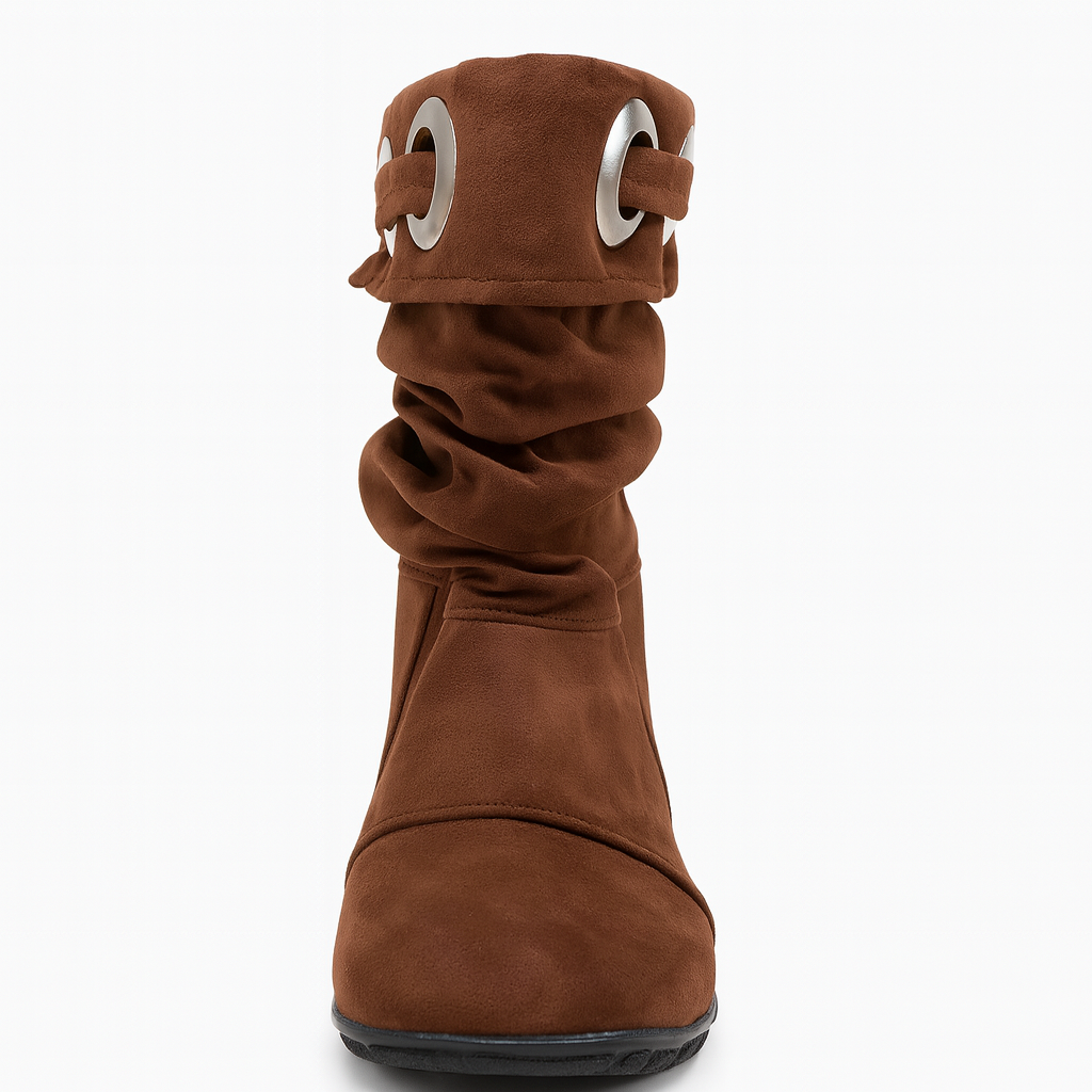 حذاء بني من الجلد المدبوغ ذو نعل مسطح وتفاصيل حلقة معدنية 18313