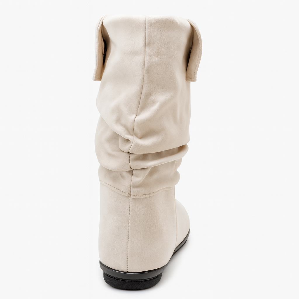 حذاء طويل من الجلد المدبوغ باللون البيج مع نعل مسطح وتفاصيل حلقة معدنية 18213