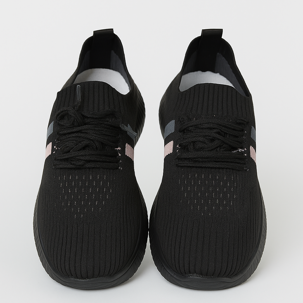 حذاء رياضي نسائي أسود بخطوط رمادية ووردية على الجانب. 151815