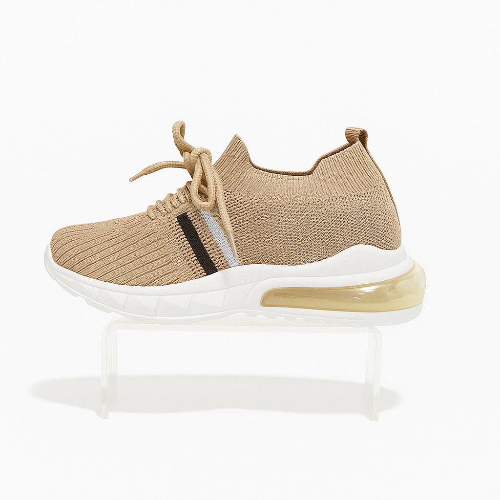 حذاء رياضي محبوك باللون البيج للأطفال مع طبقة سميكة باللونين الأبيض والأسود 36898