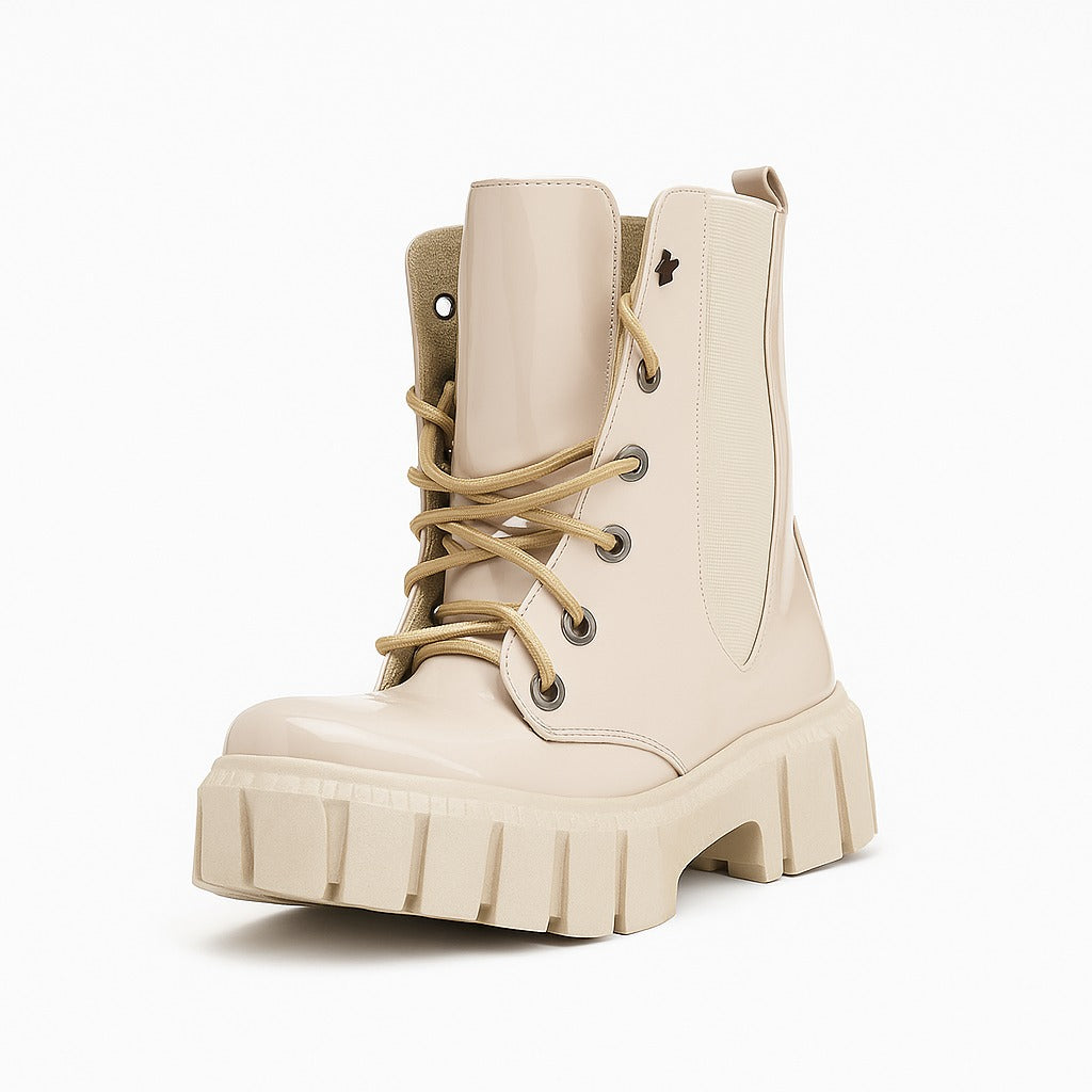 حذاء نسائي من الجلد اللامع باللون البيج بطول الكاحل 18412