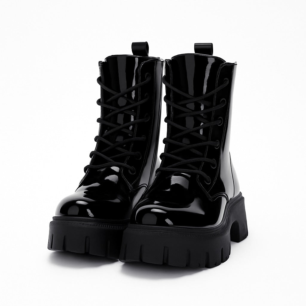 حذاء نسائي بكعب عالٍ من الجلد الأسود اللامع 18412