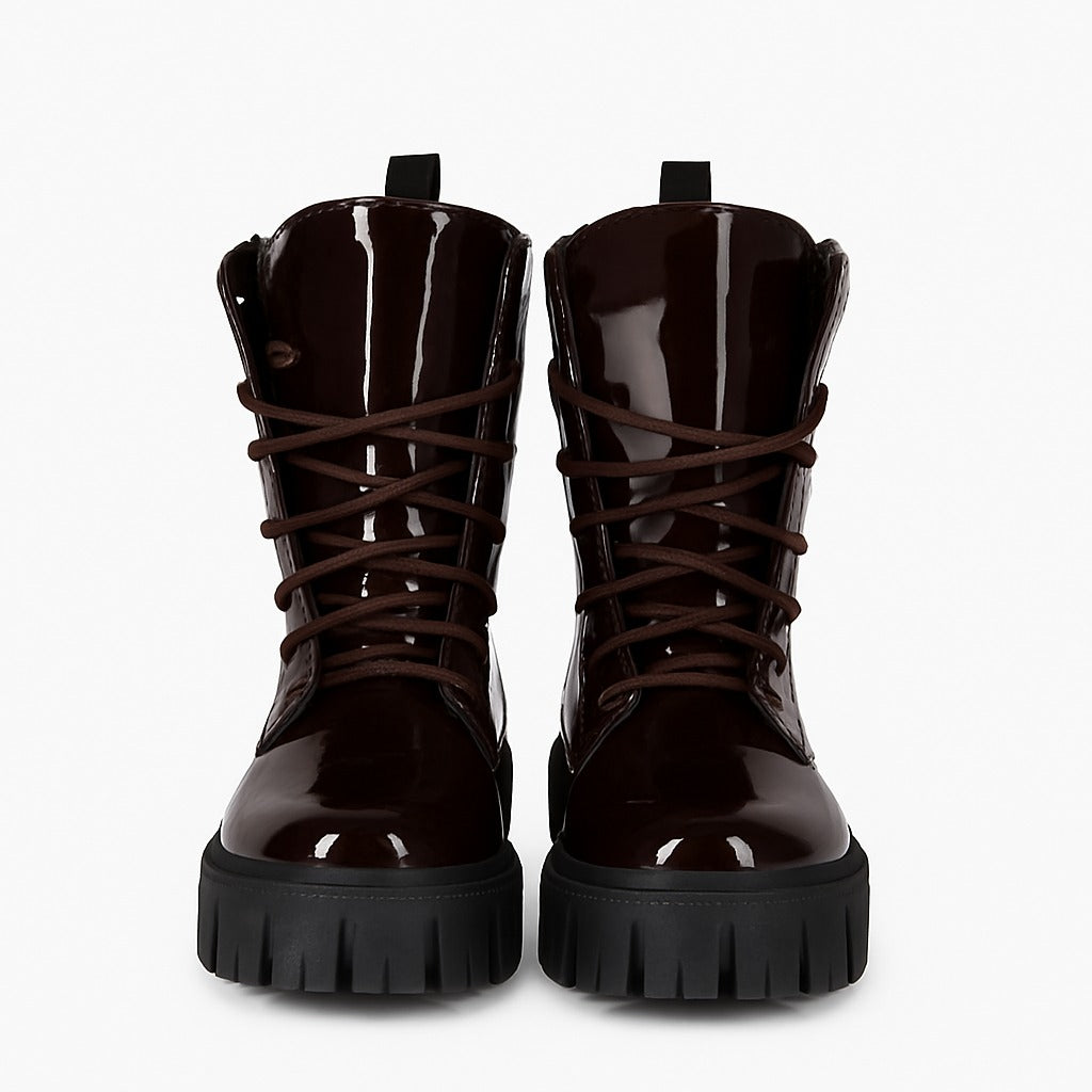 حذاء نسائي بني لامع بكعب حتى الكاحل 18412